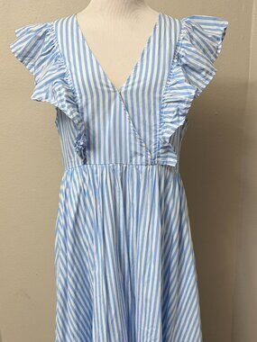 Sugar Lips Blue White Striped Ruffle Midi Coastal Dress Large